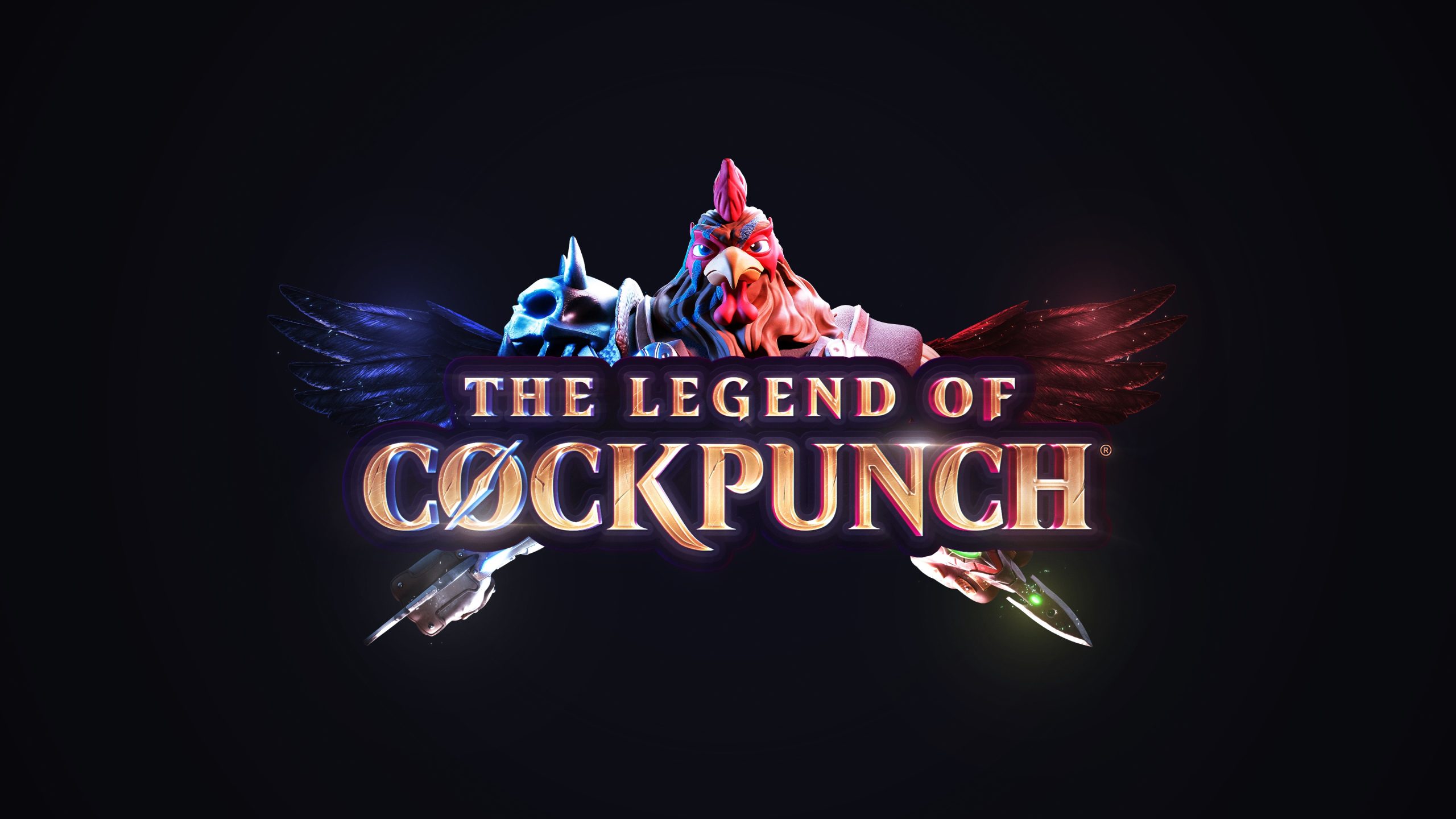A logo, which is a glowing, 3D, computer-rendered image of a rooster with armor and single knife blades for talons, floating behind words in a heroic font that read "The Legend of COCKPUNCH," with a lightning bolt through the O.